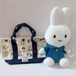 miffy White Plush Rabbit with Blue Outfit and Navy-Trim Tote Bag